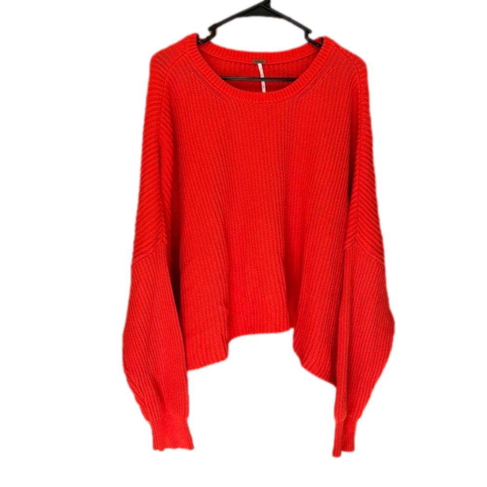 Free People Ribbed Cable Knit Bright Red Sweater with Drop Shoulders Size M